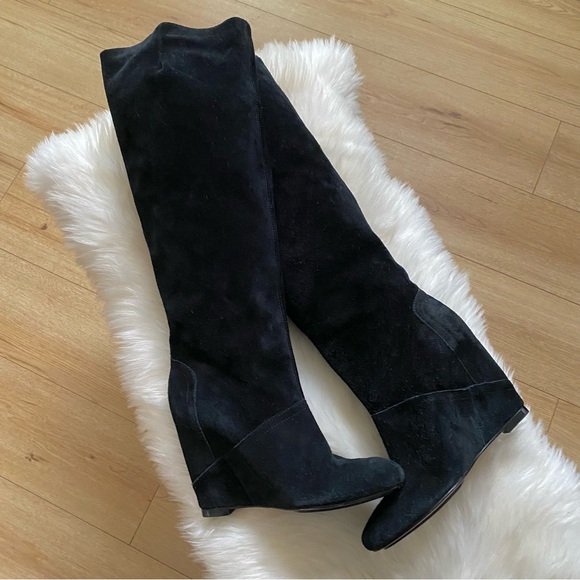 House of Harlow Black Suede Wedge Knee High Boots - Picture 4 of 13